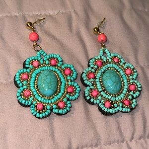 tourquoise,Gold, Pink Beaded earrings